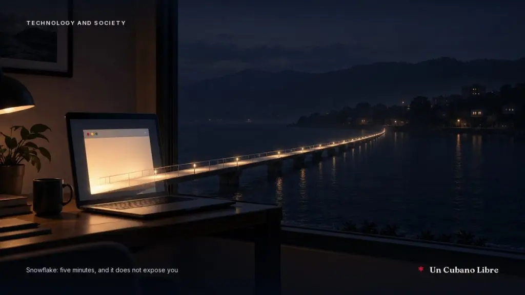 A laptop lit at night beside a window; the browser window extends into a lit bridge that crosses the water to the lights on the far shore