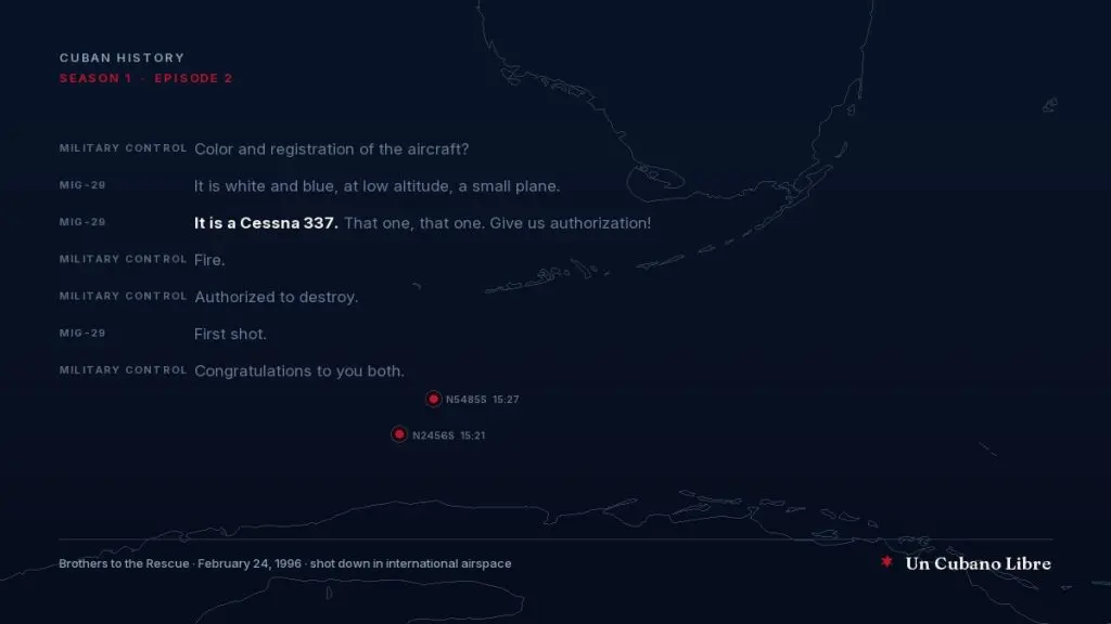 Extract from the radio transcript of the February 24, 1996 shootdown over a map of the Florida Straits, with the two shootdown positions marked and the line "It is a Cessna 337" highlighted