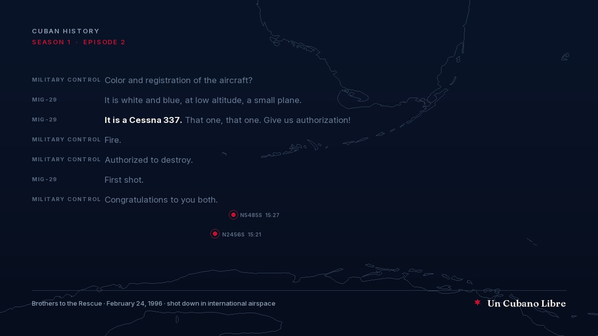 Extract from the radio transcript of the February 24, 1996 shootdown over a map of the Florida Straits, with the two shootdown positions marked and the line "It is a Cessna 337" highlighted