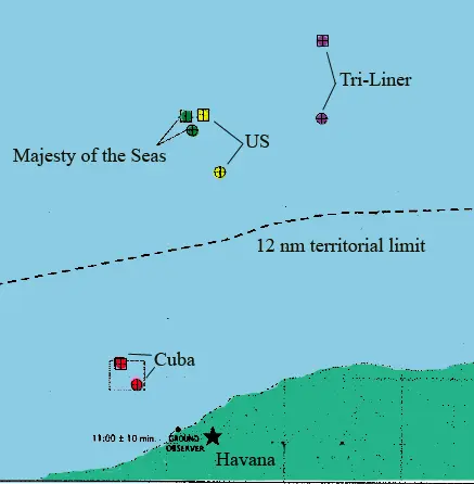Map of the Florida Straits with the twelve nautical mile limit marked as a dashed line. The positions recorded by the United States, by the cruise ship Majesty of the Seas and by the fishing boat Tri-Liner fall north of the limit. The position claimed by Cuba falls south of it, near Havana.