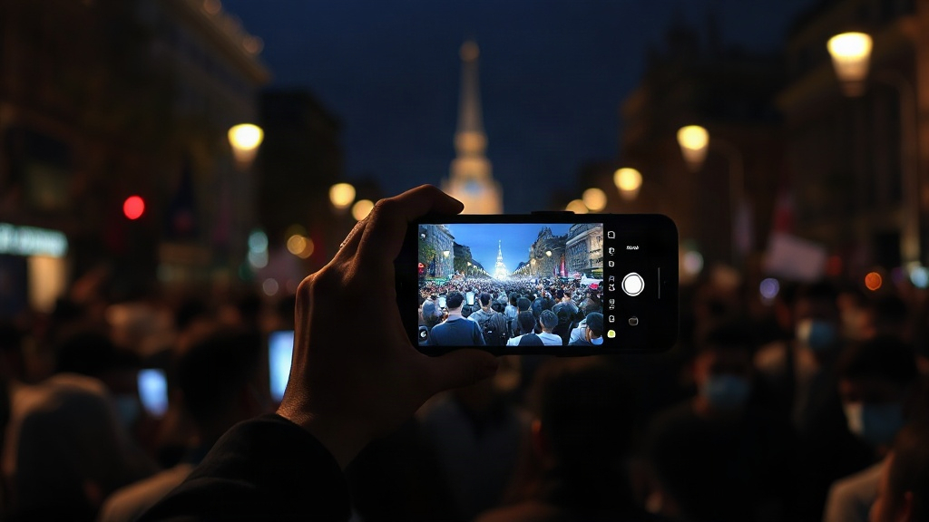 Una mano sostiene un celular grabando una manifestación nocturna