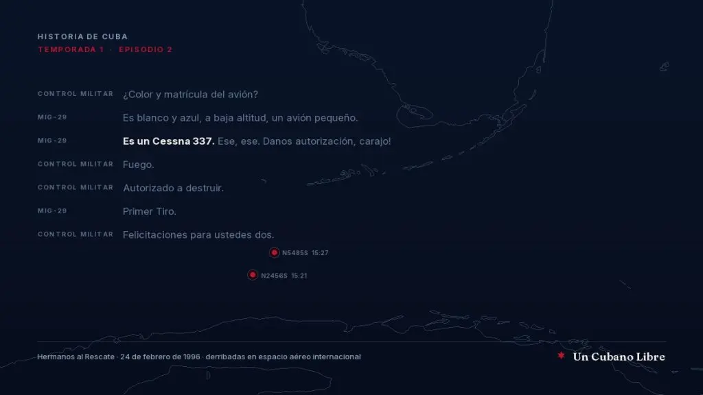 Extracto de la transcripción de radio del derribo del 24 de febrero de 1996 sobre un mapa del estrecho de la Florida, con las dos posiciones de derribo marcadas y la frase «Es un Cessna 337» destacada