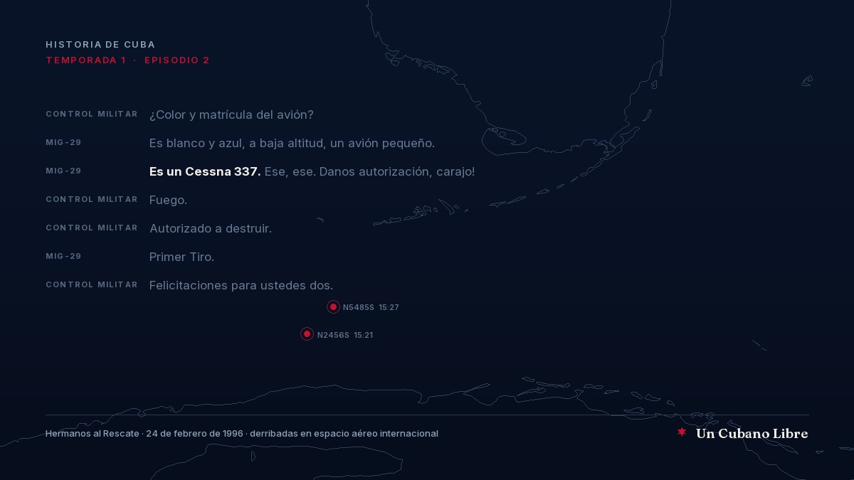 Extracto de la transcripción de radio del derribo del 24 de febrero de 1996 sobre un mapa del estrecho de la Florida, con las dos posiciones de derribo marcadas y la frase «Es un Cessna 337» destacada