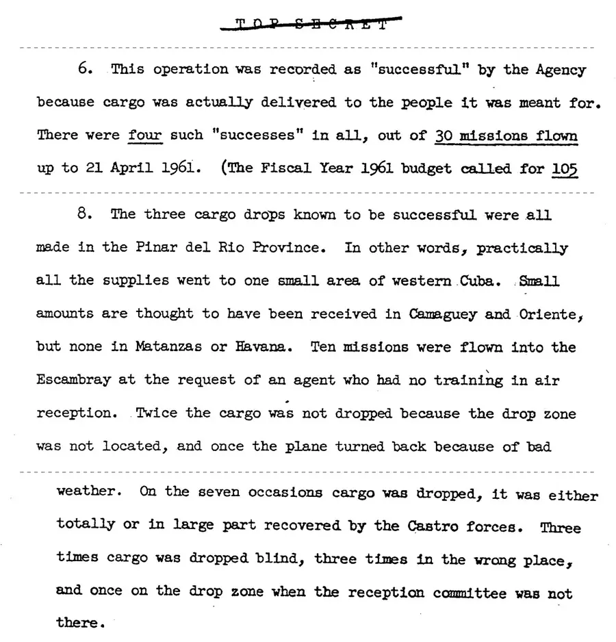 Fragmento escaneado de un informe mecanografiado de la CIA con el sello Top Secret tachado. En inglés, el párrafo 6 dice que hubo cuatro éxitos de 30 misiones voladas hasta el 21 de abril de 1961, y el párrafo 8 que los tres lanzamientos de carga logrados fueron en Pinar del Río, que al Escambray se volaron diez misiones a petición de un agente sin entrenamiento en recepción aérea, y que en las siete ocasiones en que se lanzó la carga la recuperaron, toda o en gran parte, las fuerzas de Castro.