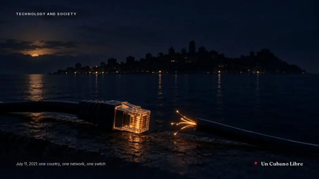 A network connector with its contacts lit, facing the severed end of another cable on a seawall; across the water the city lights are still on