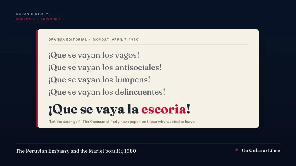 Cover: a quote card on light paper over a midnight blue background. Header: Granma editorial, Monday, April 7, 1980. Four gray lines in Spanish: ¡Que se vayan los vagos!, ¡Que se vayan los antisociales!, ¡Que se vayan los lumpens!, ¡Que se vayan los delincuentes! Below, larger: ¡Que se vaya la escoria!, with the word escoria in red. Under it, the translation: "Let the scum go!" The Communist Party newspaper, on those who wanted to leave. Footer: The Peruvian Embassy and the Mariel boatlift, 1980.