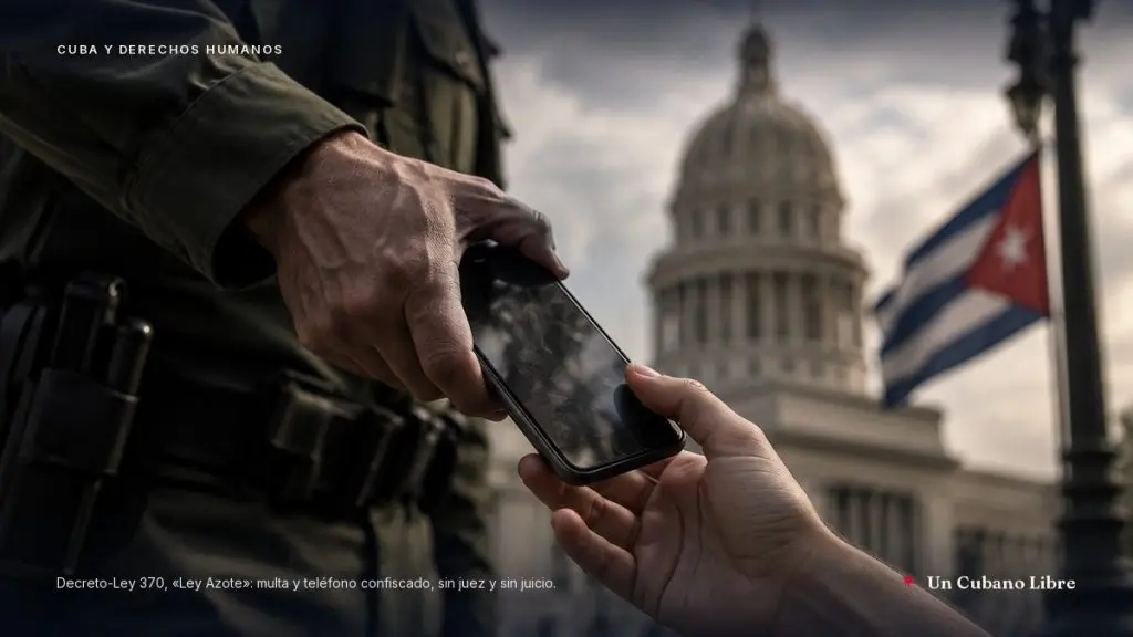 Un uniformado con cinto de servicio le quita el teléfono de la mano a un civil en plena calle, con el Capitolio de La Habana y la bandera cubana al fondo
