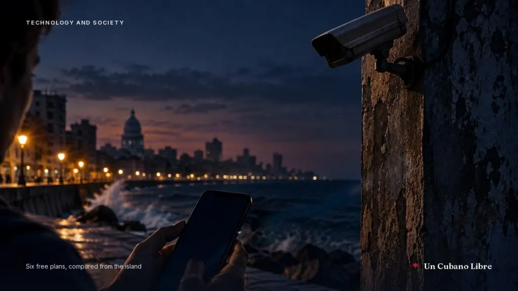Someone seen from behind looks at their phone on the seafront at dusk, with a surveillance camera trained on them from a wall