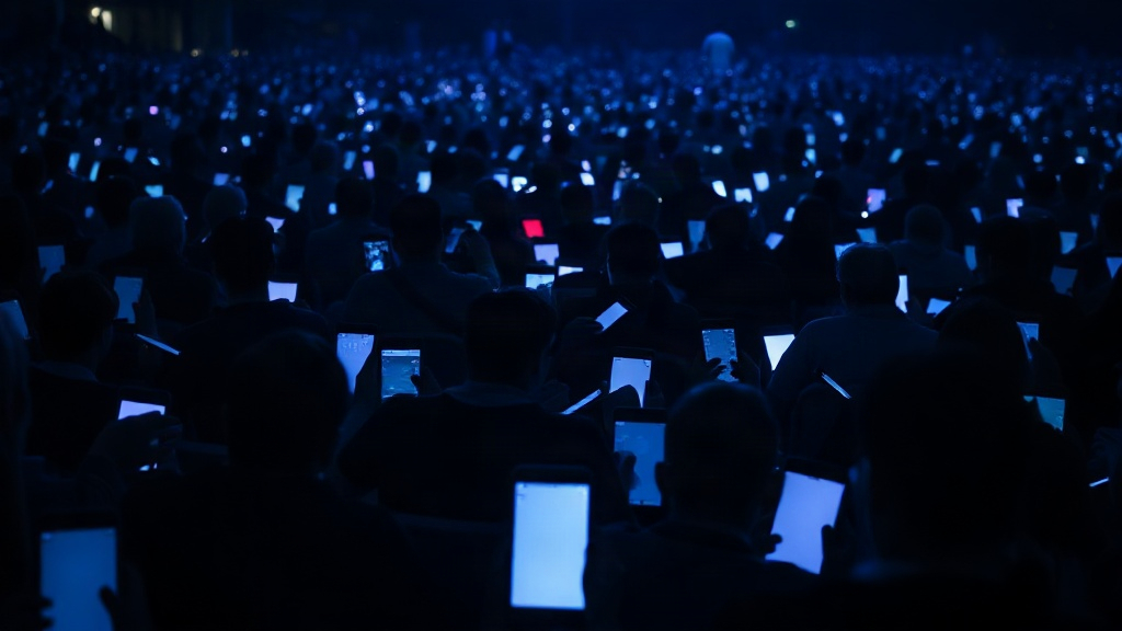 Una multitud en la oscuridad sosteniendo cientos de celulares con la pantalla encendida