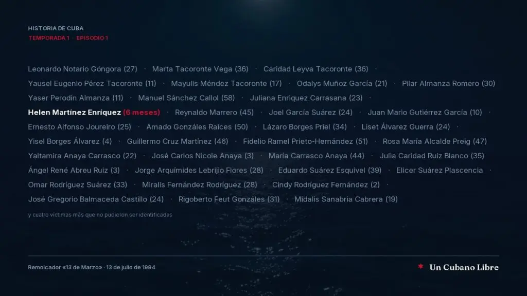 Los nombres y las edades de las víctimas del remolcador 13 de Marzo sobre la imagen del mar de noche