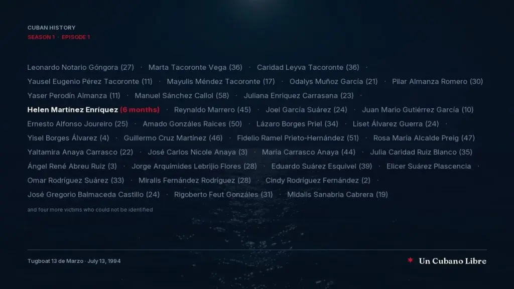 The thirty-six names the case file identifies, with their ages, over the night sea. Highlighted, Helen Martínez Enríquez, six months old, the youngest victim.