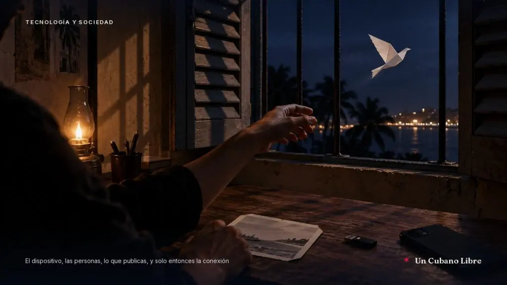 Alguien escribe de noche junto a una ventana con rejas, a la luz de un quinqué; sobre la mesa hay una memoria USB, un celular y una foto, y por la ventana sale un pájaro de papel