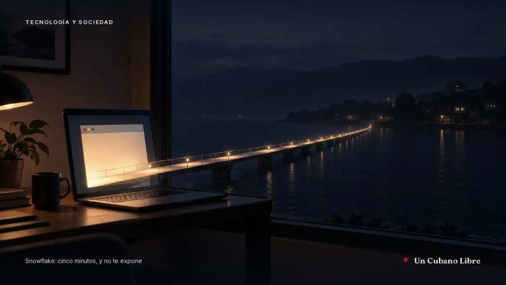 Una laptop encendida de noche junto a una ventana; la ventana del navegador se prolonga en un puente iluminado que cruza el agua hasta las luces de la otra orilla