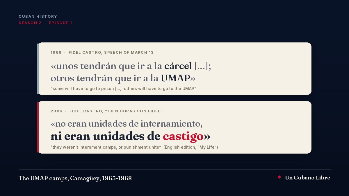 Cover: two quote cards on light paper over a midnight blue background. The first, headed 1966, Fidel Castro, speech of March 13, reads in Spanish: unos tendrán que ir a la cárcel [...]; otros tendrán que ir a la UMAP, with the translation: some will have to go to prison [...]; others will have to go to the UMAP. The second, headed 2006, Fidel Castro, Cien horas con Fidel, reads in Spanish: no eran unidades de internamiento, ni eran unidades de castigo, with the word castigo in red, and the English edition's wording: they weren't internment camps, or punishment units. Footer: The UMAP camps, Camagüey, 1965-1968.