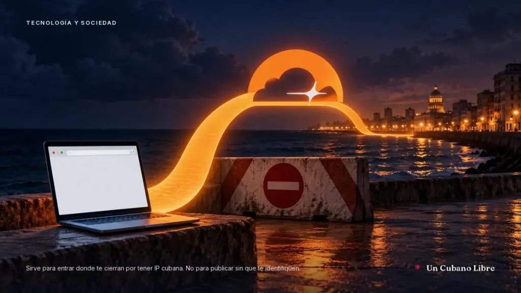 Una laptop con el navegador en blanco sobre un muro junto al mar; un arco de luz sale de ella, pasa por encima de una barrera de hormigón con una señal de prohibido el paso y llega a la orilla iluminada